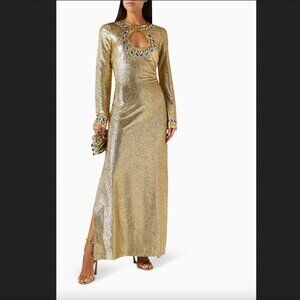 NWT RABANNE Paco Rabanne Embellished Metallic Cutout Gold Gown Maxi Dress FR40